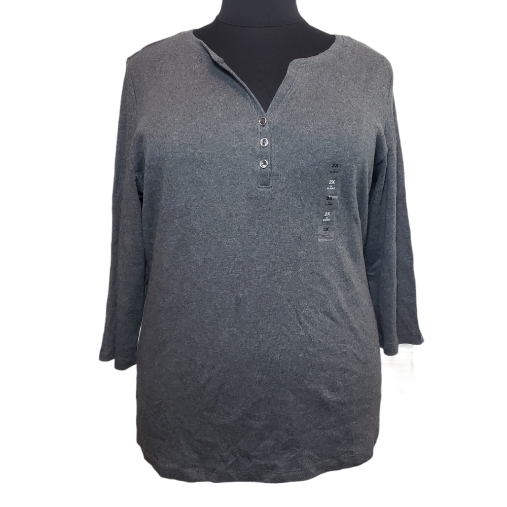 Karen Scott Gray V-neck Button Pullover Top Sz 2X